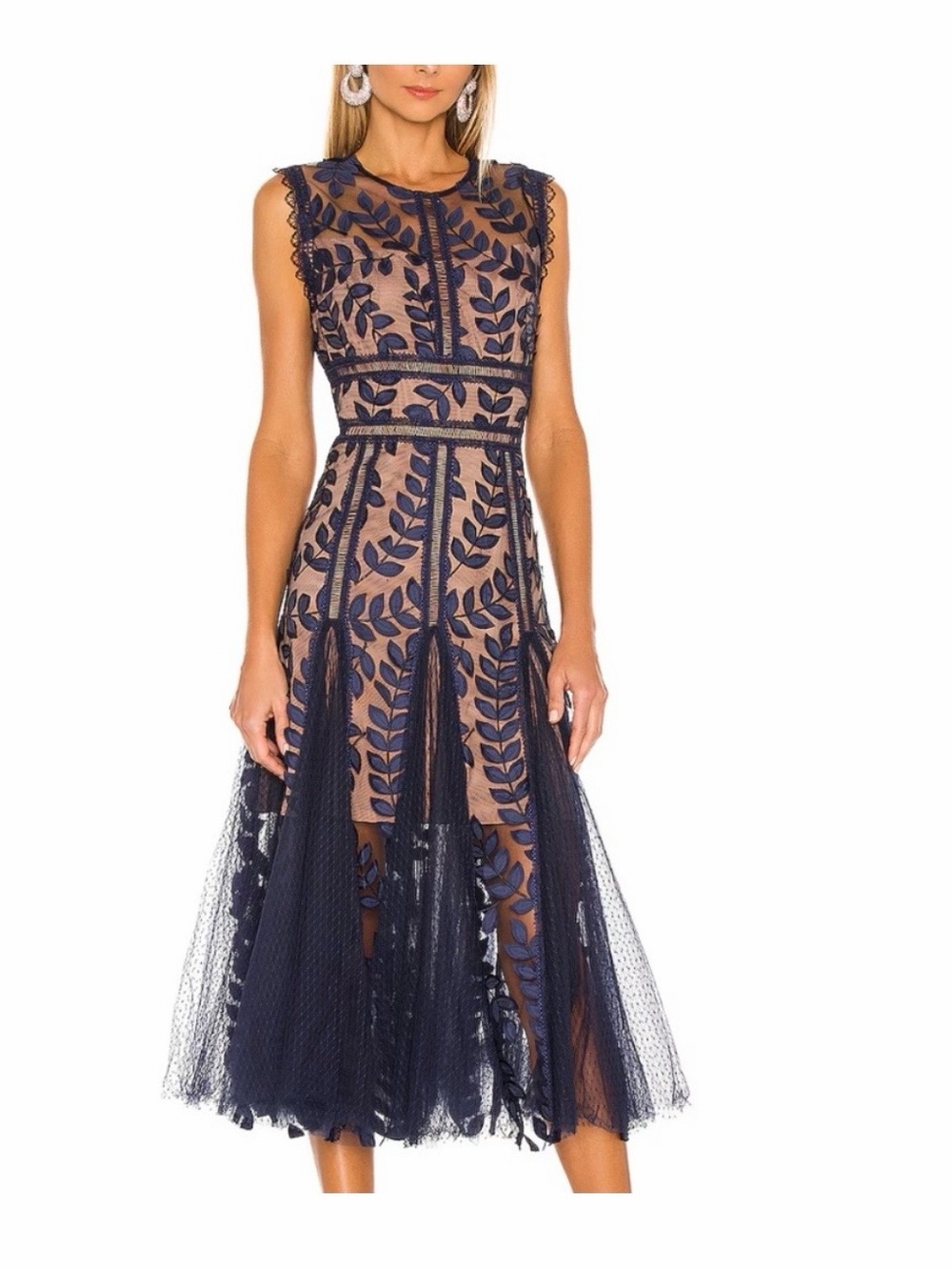Saba Midi Navy Embroidered Tulle Midi Dress